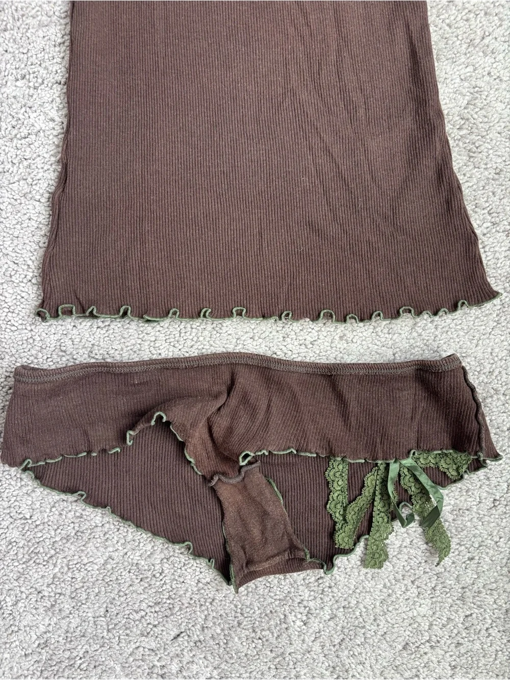Vintage Y2K Baby Phat Lace Pajama Set Brown Green Small 2 Piece Set Ribbed Cami